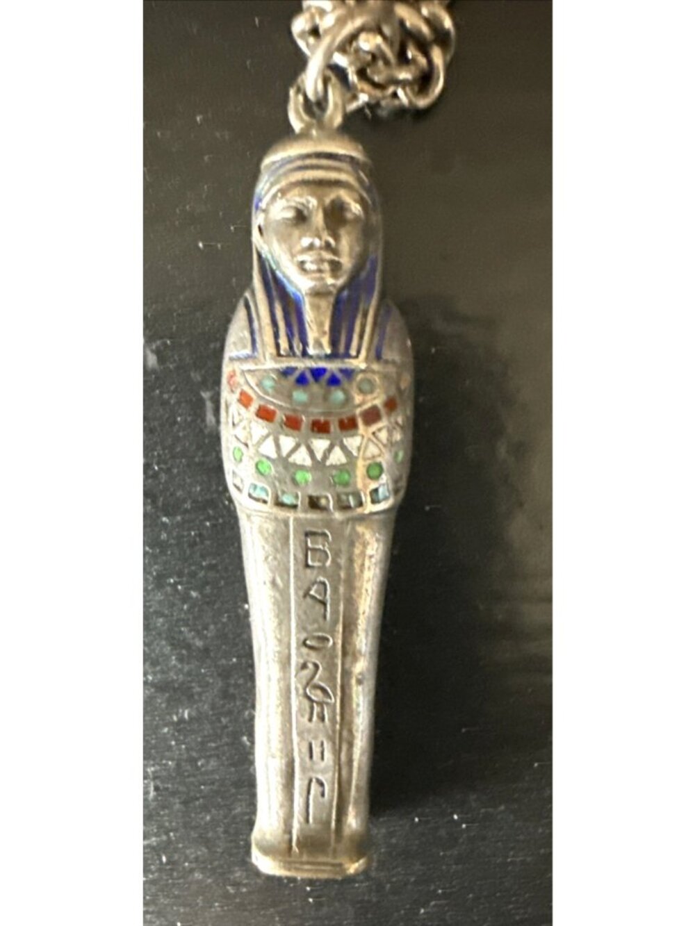 Antique 800 Silver Egyptian Pharaoh Pendant Telescopic Pencil Enamel Sarcophagus